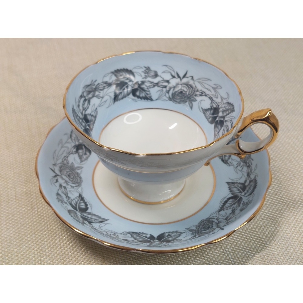 Hammersley Baby Pale Blue Bone China Teacup Saucer Gray Roses Fairycore Decor